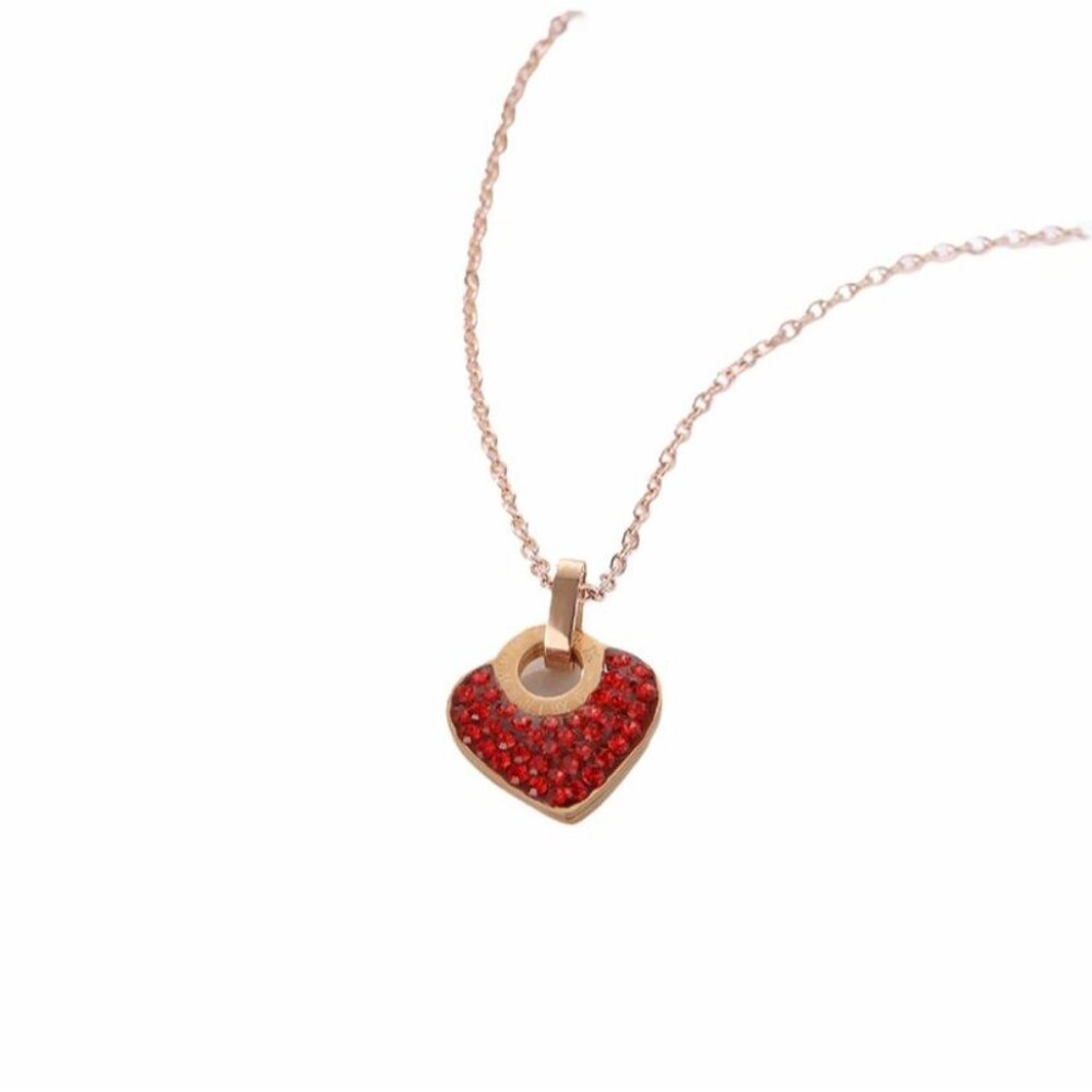 Inlaid Crystals Love Lock‎ Heart Pendant Necklace Gold Stainless Steel Chain Red
